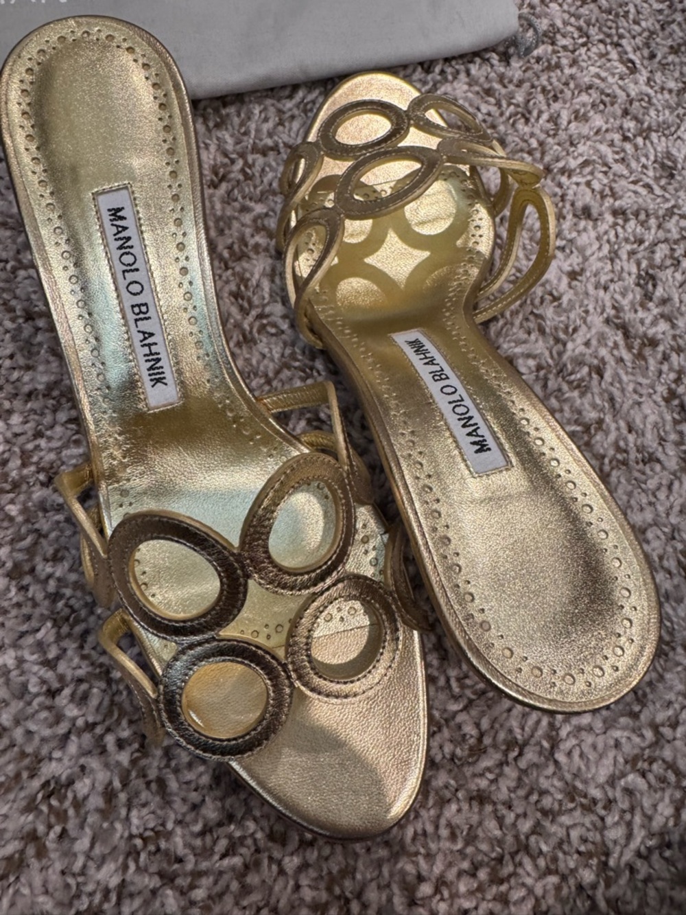 Manolo Blahnik Gold Circular-Strap Slide Sandals. Size 38